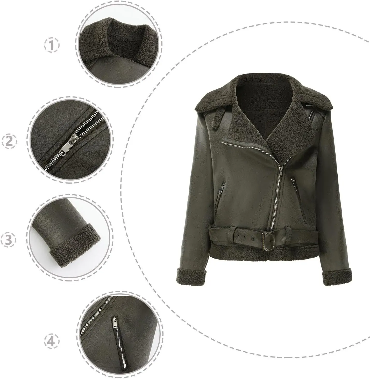 Faux Suede Leather Jacket for Women Warm Lambswool Fleece Zip Up Lapel Collar Jackets Fashion Pockets Moto Biker Coat