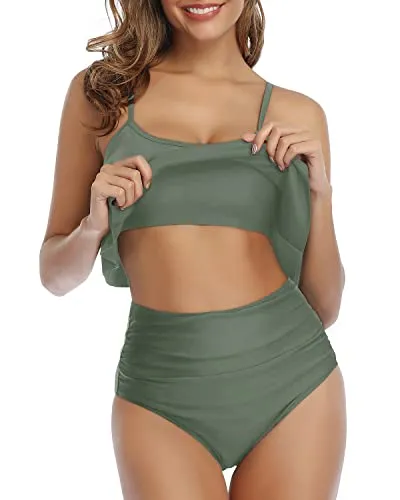 Feminine And Gorgeous Two Piece Ruffle Bikini-Army Green