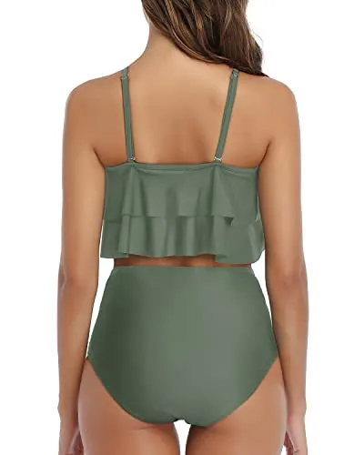 Feminine And Gorgeous Two Piece Ruffle Bikini-Army Green