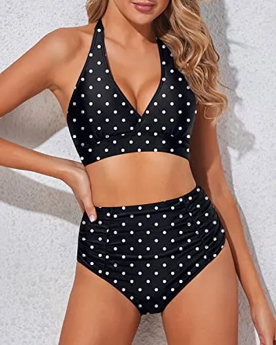 Figure Flattering Two Piece High Waisted Bikini Set-Black Dot