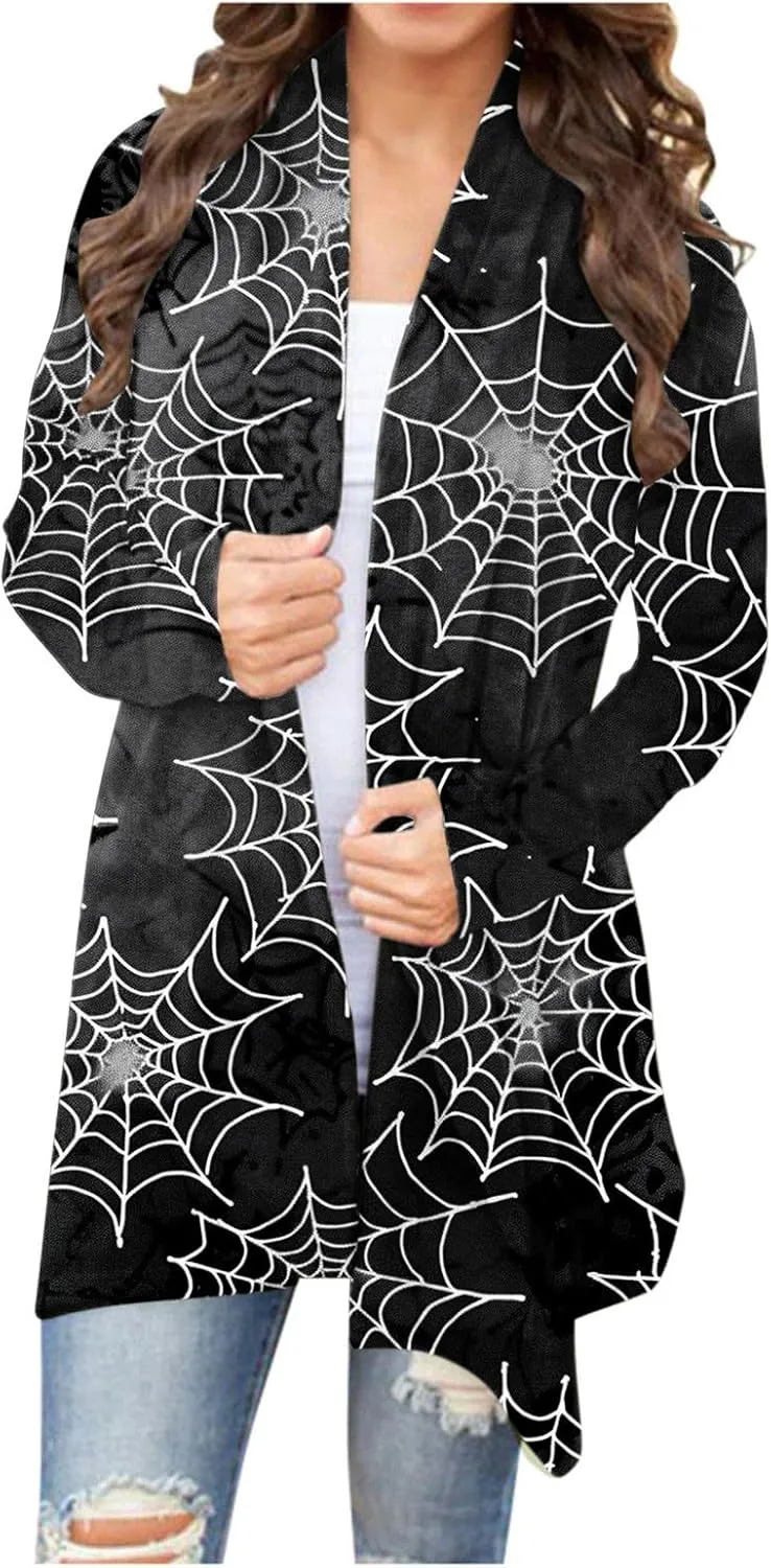 Firzero Womens Cardigans Lightweight Halloween Pumpkin Print Cardigan Long Sleeve Open Front Knitted Sweater Outwear Coat