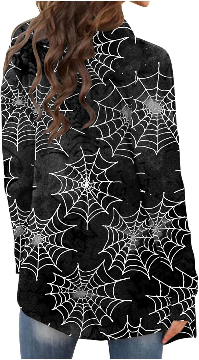 Firzero Womens Cardigans Lightweight Halloween Pumpkin Print Cardigan Long Sleeve Open Front Knitted Sweater Outwear Coat