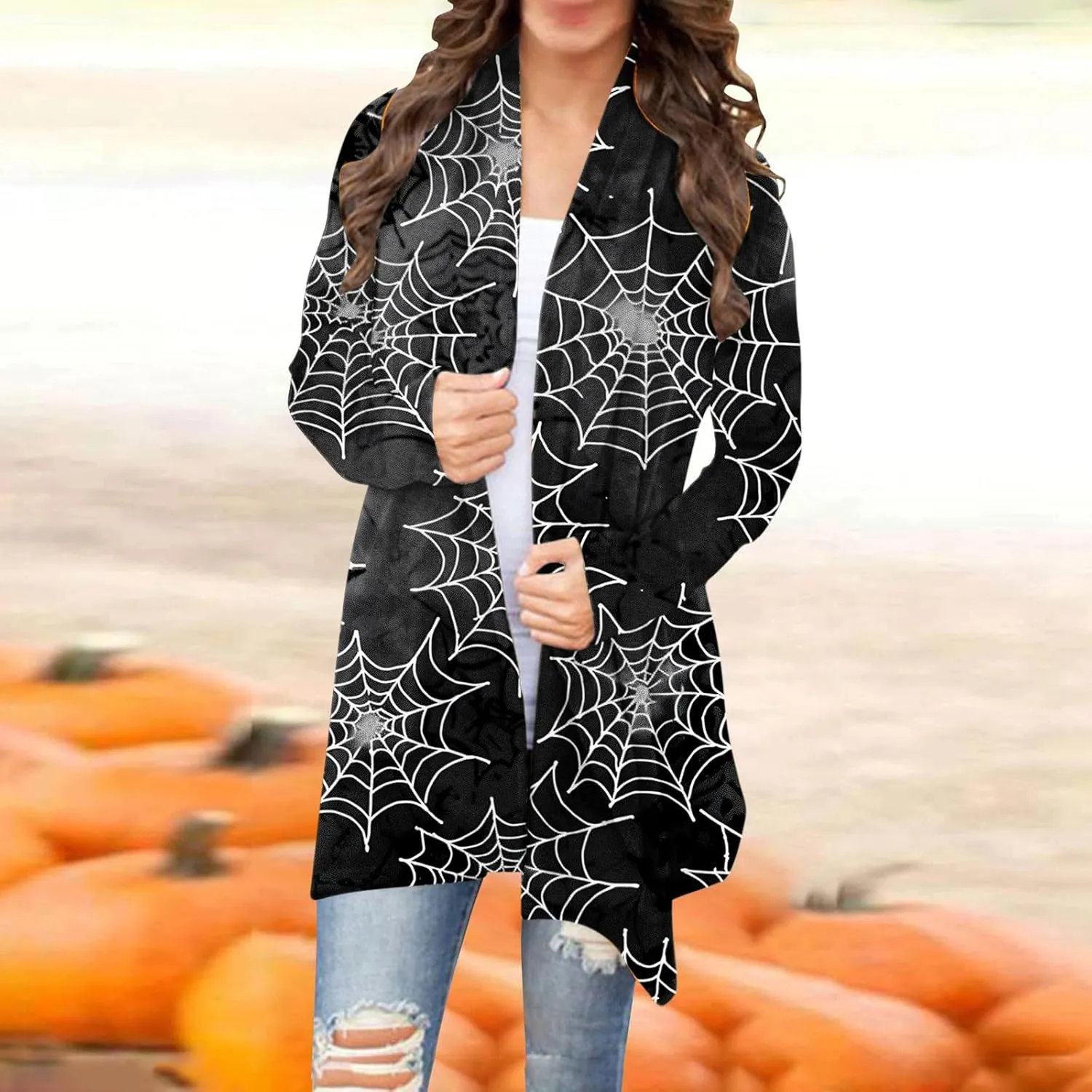 Firzero Womens Cardigans Lightweight Halloween Pumpkin Print Cardigan Long Sleeve Open Front Knitted Sweater Outwear Coat