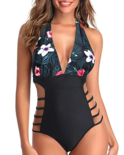Flattering High Leg Cut Out String Swimwear Plunge V Neck Halter Bathing Suits-Black Floral