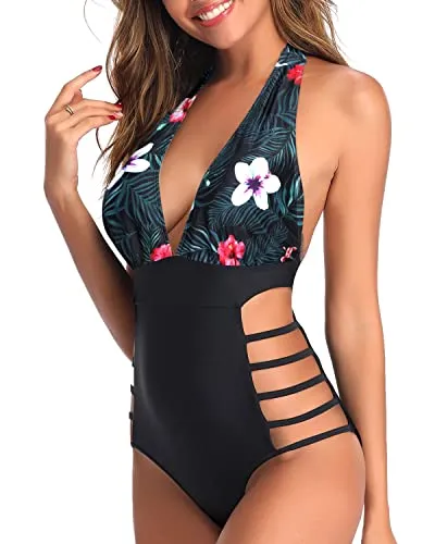 Flattering High Leg Cut Out String Swimwear Plunge V Neck Halter Bathing Suits-Black Floral