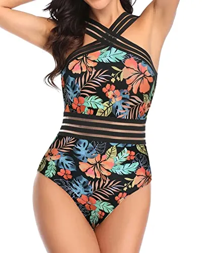 Flattering Slimming Silhouette Sexy One Piece Swimsuits-Black Red Flower