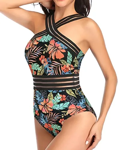 Flattering Slimming Silhouette Sexy One Piece Swimsuits-Black Red Flower