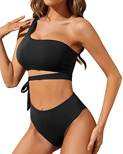 Flattering Two Piece Bandeau Top & Tie High Waisted Bikini Set-Black