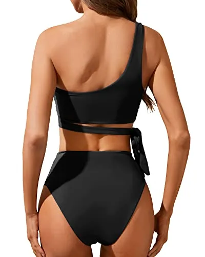Flattering Two Piece Bandeau Top & Tie High Waisted Bikini Set-Black