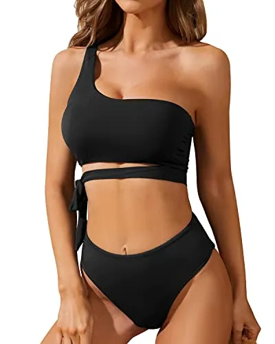 Flattering Two Piece Bandeau Top & Tie High Waisted Bikini Set-Black