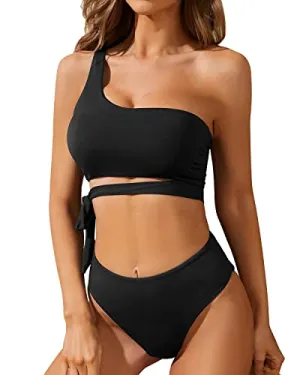 Flattering Two Piece Bandeau Top & Tie High Waisted Bikini Set-Black