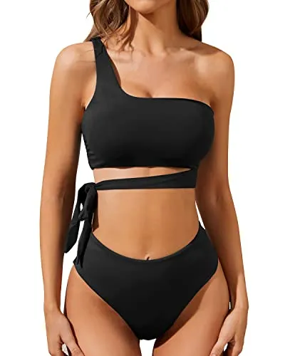 Flattering Two Piece Bandeau Top & Tie High Waisted Bikini Set-Black