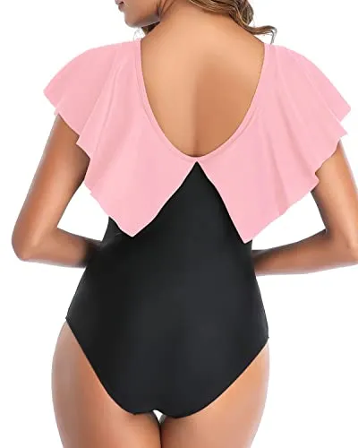Flattering V Neck Ruffle Shoulders One Piece Swimsuit For Women-Pink And Black