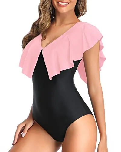 Flattering V Neck Ruffle Shoulders One Piece Swimsuit For Women-Pink And Black