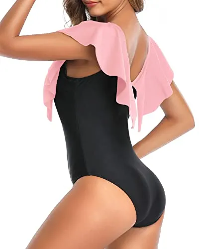 Flattering V Neck Ruffle Shoulders One Piece Swimsuit For Women-Pink And Black