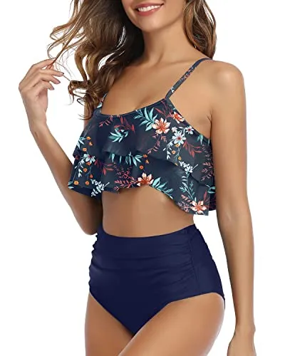 Flirty And Chic Ruffle High Waisted Bikini Set-Blue Colorul Flowers
