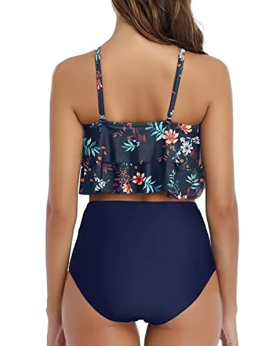 Flirty And Chic Ruffle High Waisted Bikini Set-Blue Colorul Flowers