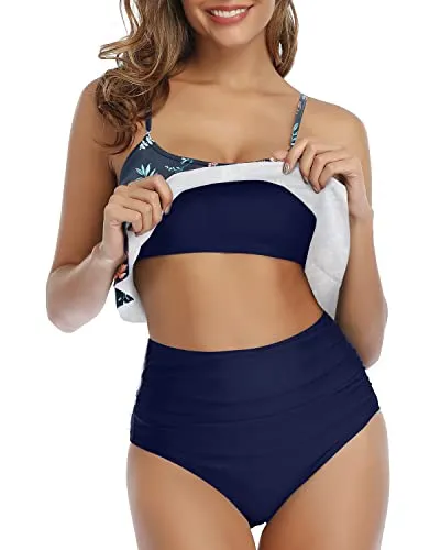 Flirty And Chic Ruffle High Waisted Bikini Set-Blue Colorul Flowers