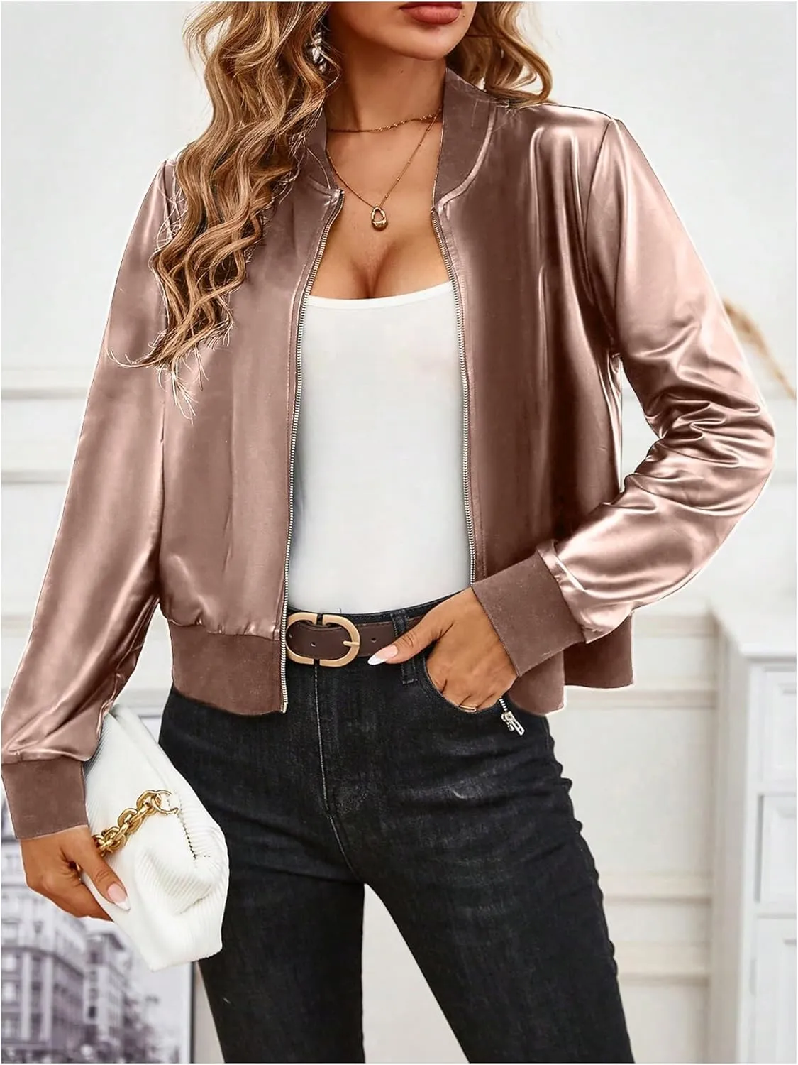 Floerns Women's Satin Long Sleeve Zip Up Bomber Jackets Loose Varsity Outerwear