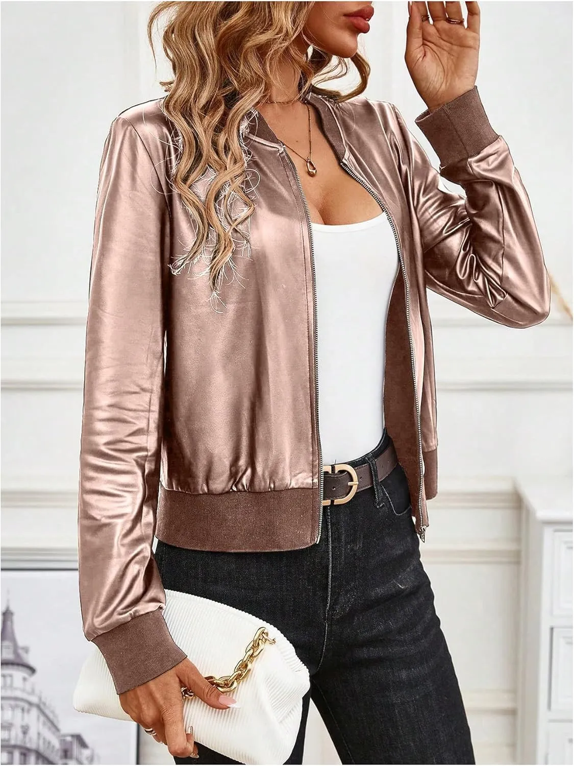 Floerns Women's Satin Long Sleeve Zip Up Bomber Jackets Loose Varsity Outerwear