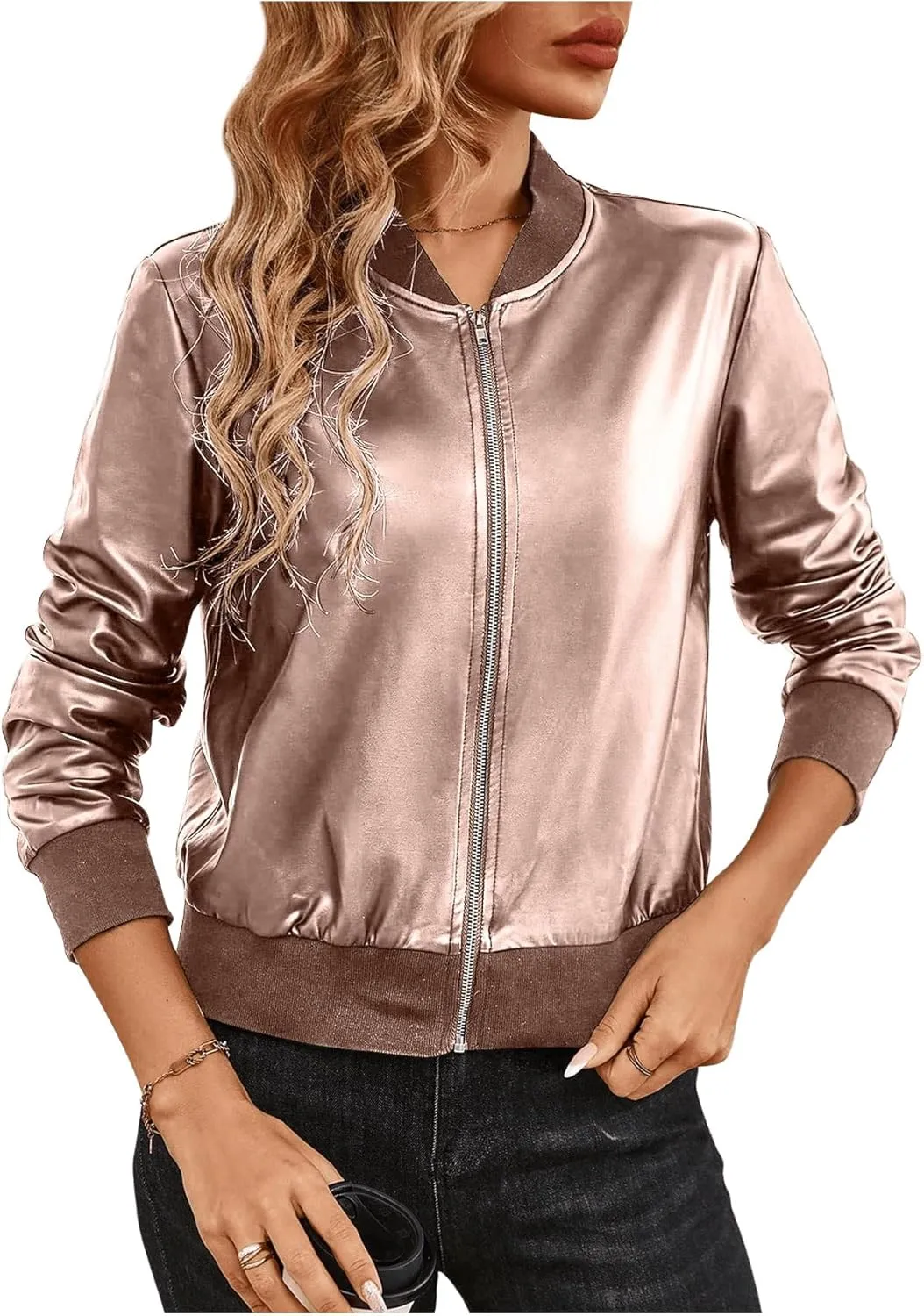 Floerns Women's Satin Long Sleeve Zip Up Bomber Jackets Loose Varsity Outerwear