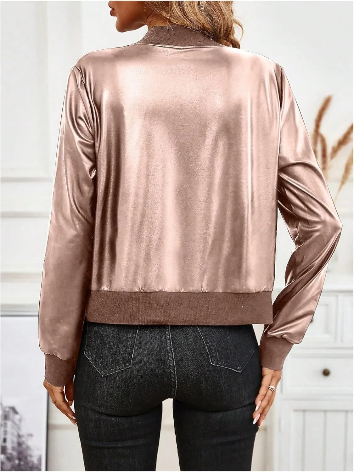 Floerns Women's Satin Long Sleeve Zip Up Bomber Jackets Loose Varsity Outerwear