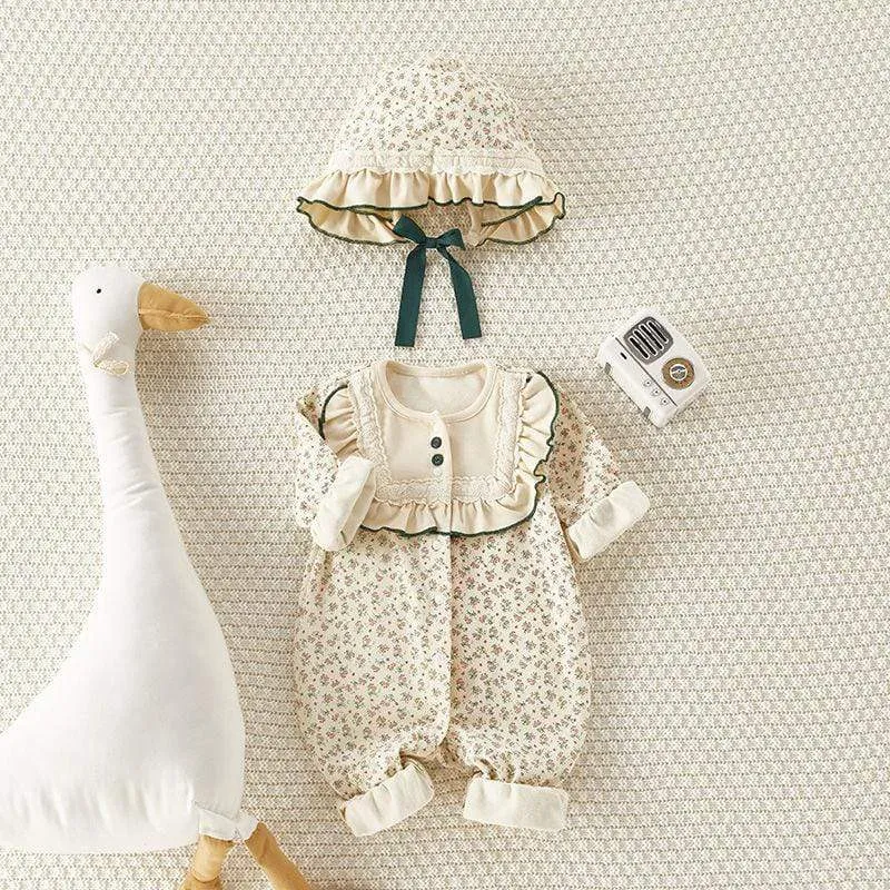 Floral Baby Girl Romper with Hat