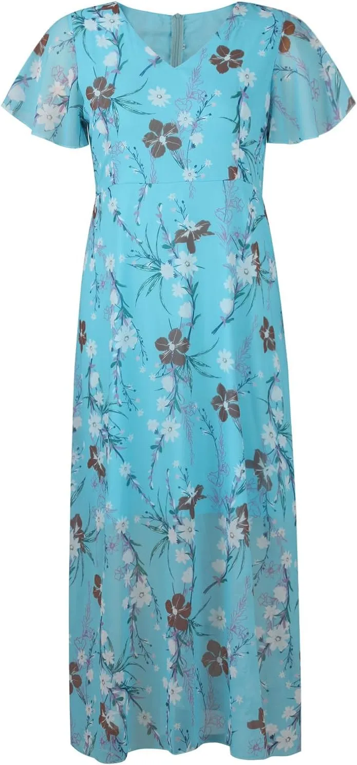 Floral Dress for Women 2024 Boho Flowy V Neck Short Sleeve Maxi Dress Casual Ruffle Hem Lightweight Long Dress