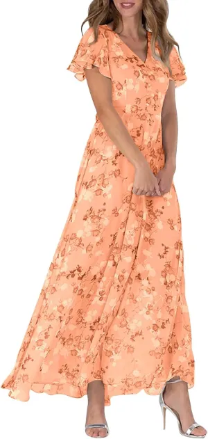 Floral Dress for Women 2024 Boho Flowy V Neck Short Sleeve Maxi Dress Casual Ruffle Hem Lightweight Long Dress