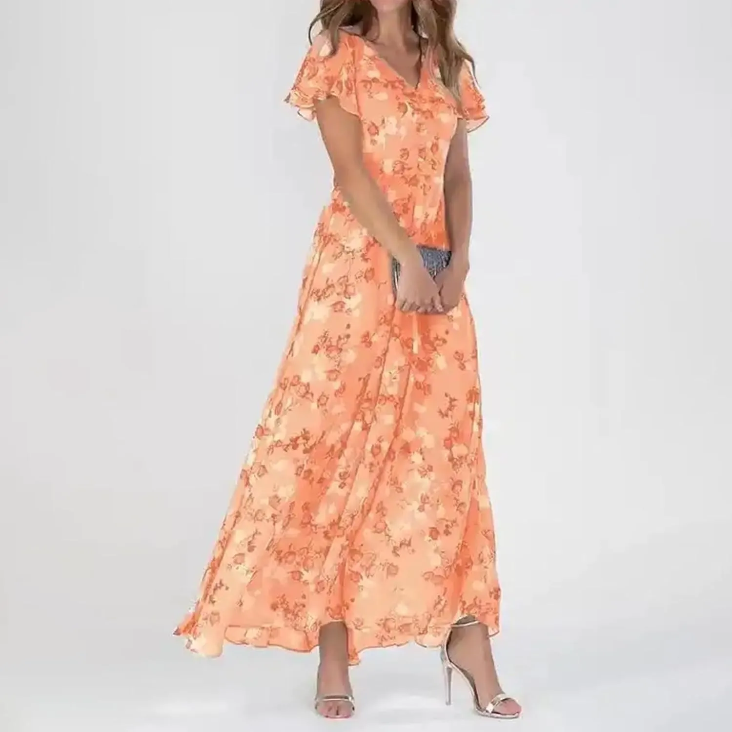 Floral Dress for Women 2024 Boho Flowy V Neck Short Sleeve Maxi Dress Casual Ruffle Hem Lightweight Long Dress