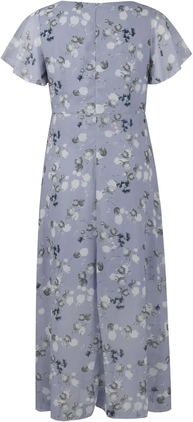 Floral Dress for Women 2024 Boho Flowy V Neck Short Sleeve Maxi Dress Casual Ruffle Hem Lightweight Long Dress