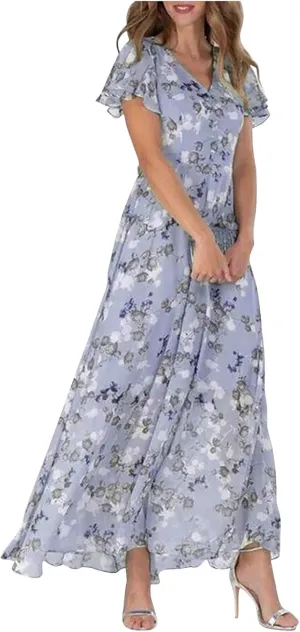 Floral Dress for Women 2024 Boho Flowy V Neck Short Sleeve Maxi Dress Casual Ruffle Hem Lightweight Long Dress