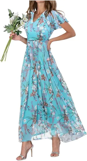 Floral Dress for Women 2024 Boho Flowy V Neck Short Sleeve Maxi Dress Casual Ruffle Hem Lightweight Long Dress