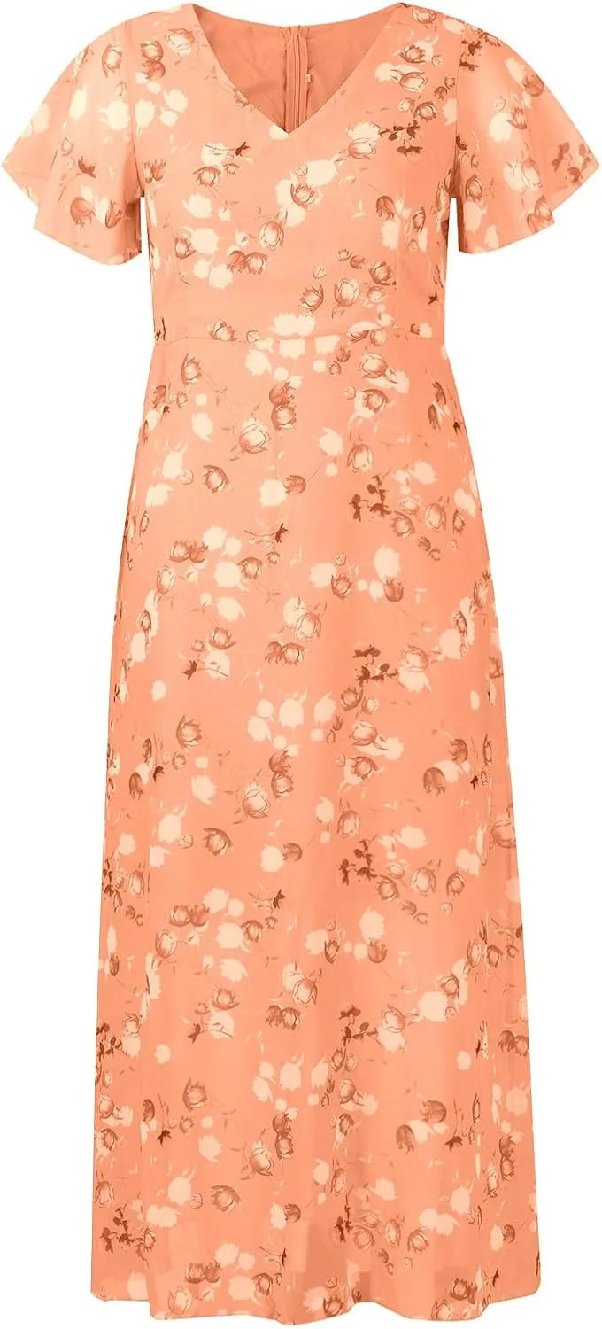 Floral Dress for Women 2024 Boho Flowy V Neck Short Sleeve Maxi Dress Casual Ruffle Hem Lightweight Long Dress