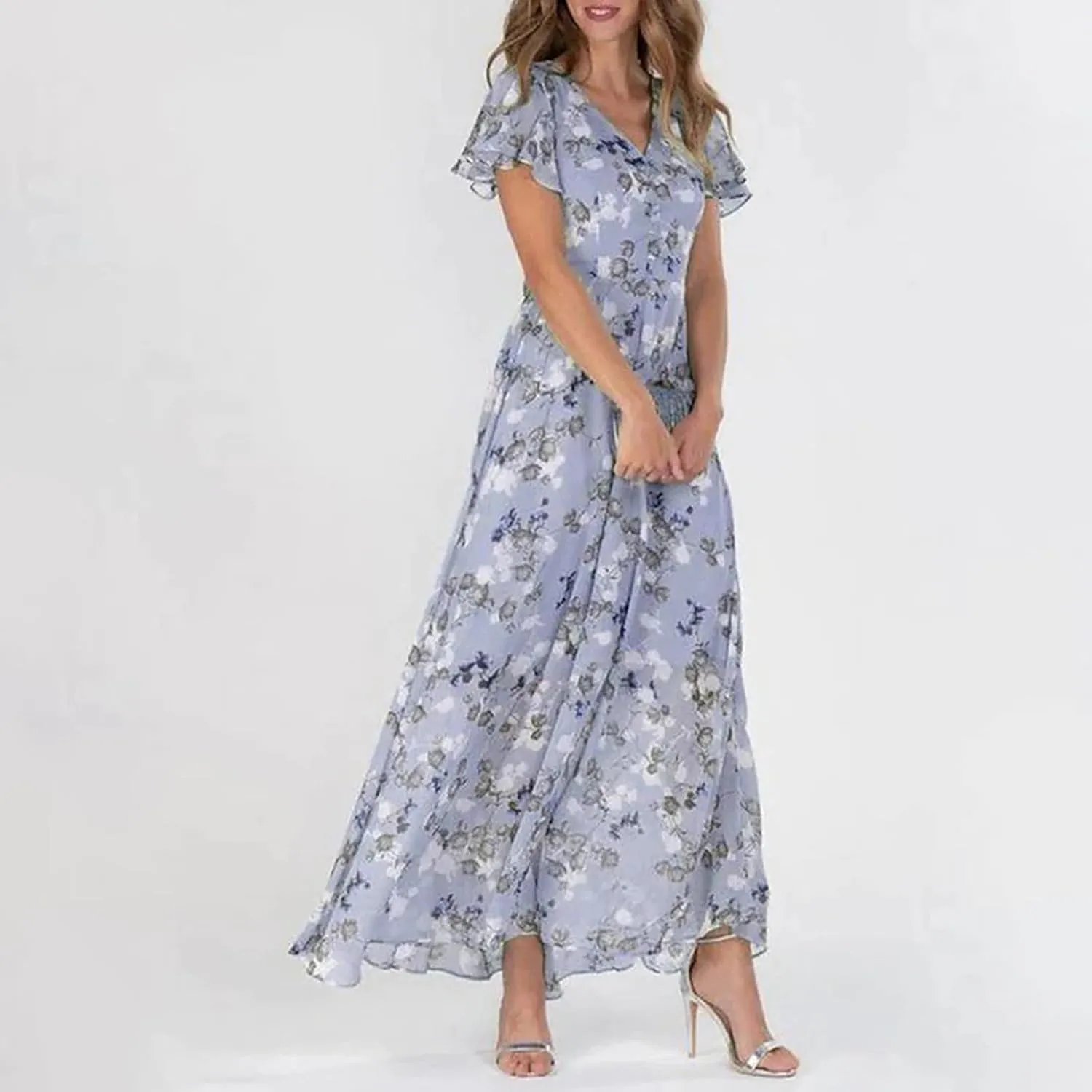 Floral Dress for Women 2024 Boho Flowy V Neck Short Sleeve Maxi Dress Casual Ruffle Hem Lightweight Long Dress