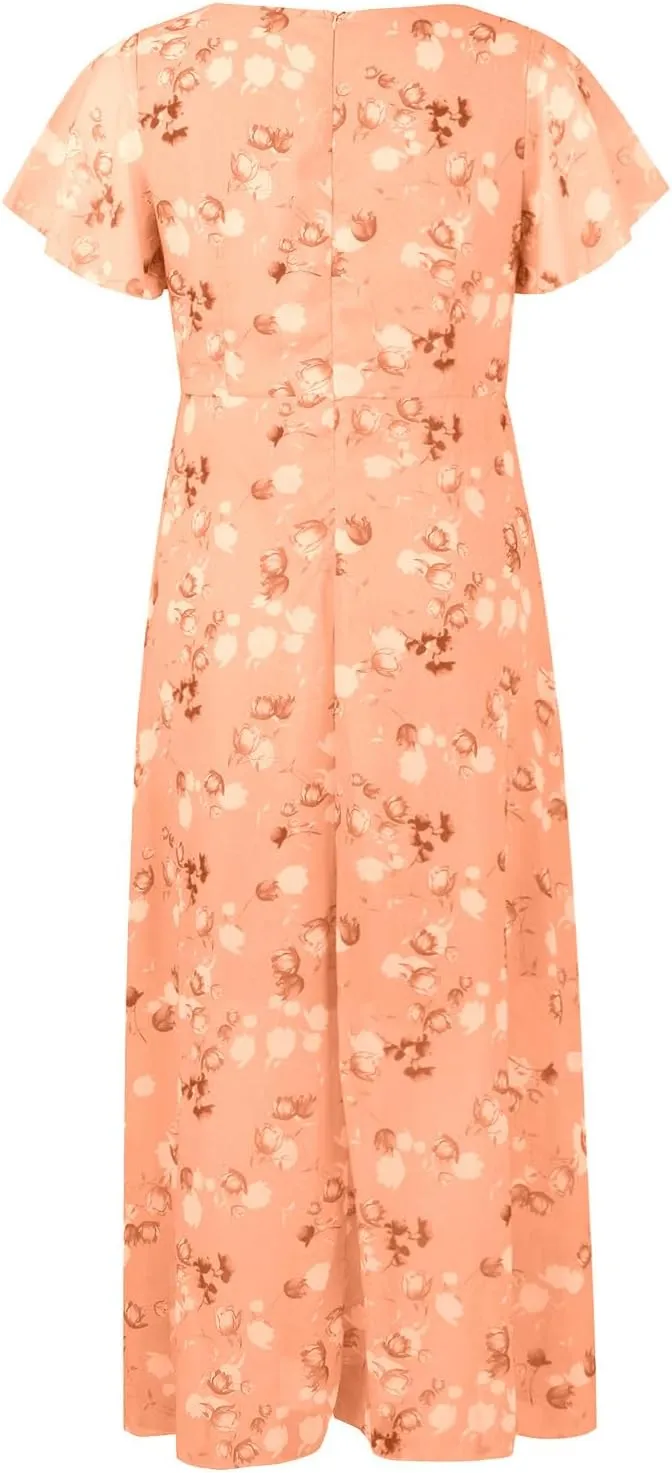 Floral Dress for Women 2024 Boho Flowy V Neck Short Sleeve Maxi Dress Casual Ruffle Hem Lightweight Long Dress