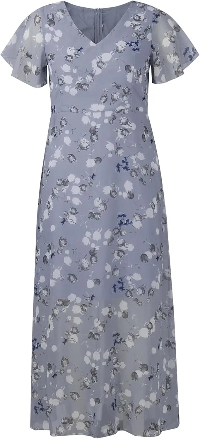 Floral Dress for Women 2024 Boho Flowy V Neck Short Sleeve Maxi Dress Casual Ruffle Hem Lightweight Long Dress