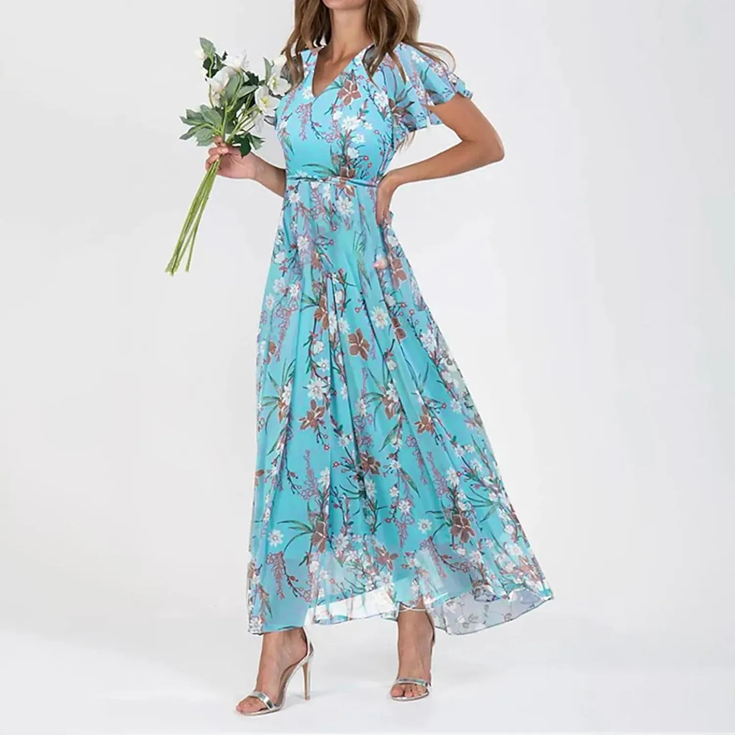 Floral Dress for Women 2024 Boho Flowy V Neck Short Sleeve Maxi Dress Casual Ruffle Hem Lightweight Long Dress