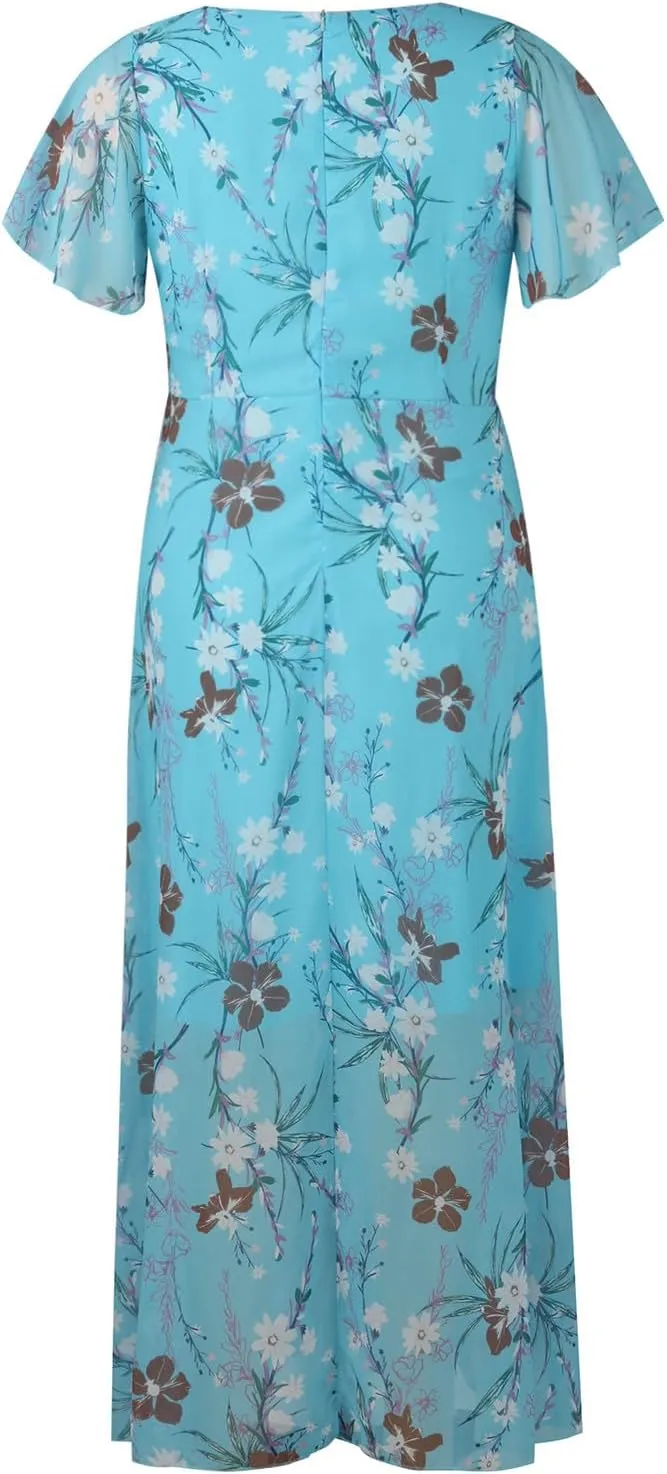 Floral Dress for Women 2024 Boho Flowy V Neck Short Sleeve Maxi Dress Casual Ruffle Hem Lightweight Long Dress