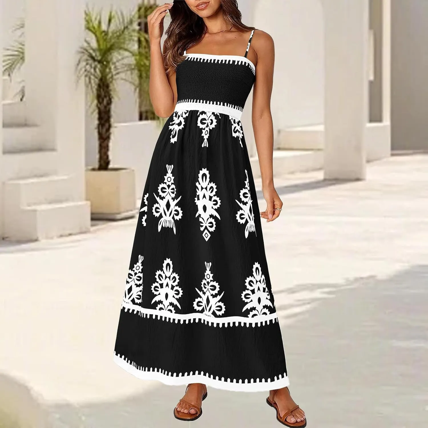 Floral Dress for Women 2025 Spaghetti Strap Smocked Tank Dress Tunic Boho Maxi Dresses Summer A Line Flowy Sundress