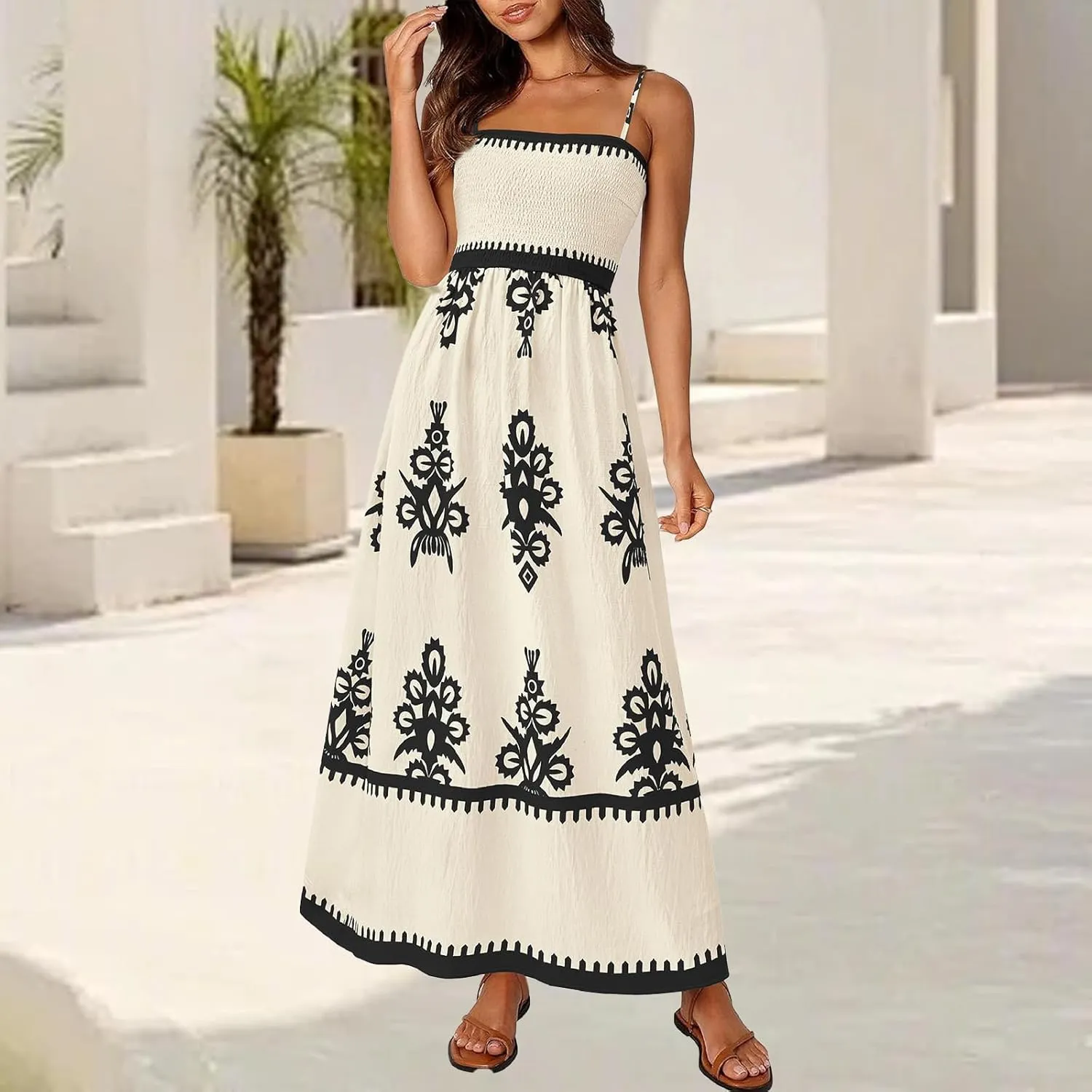 Floral Dress for Women 2025 Spaghetti Strap Smocked Tank Dress Tunic Boho Maxi Dresses Summer A Line Flowy Sundress