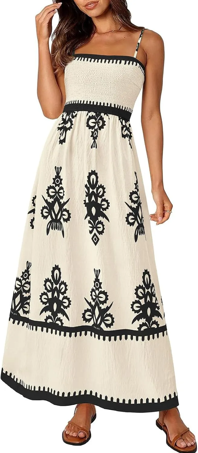 Floral Dress for Women 2025 Spaghetti Strap Smocked Tank Dress Tunic Boho Maxi Dresses Summer A Line Flowy Sundress