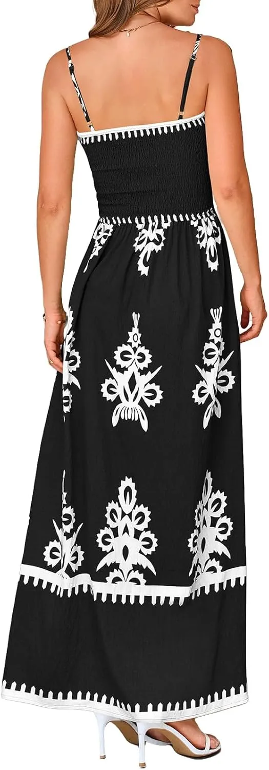 Floral Dress for Women 2025 Spaghetti Strap Smocked Tank Dress Tunic Boho Maxi Dresses Summer A Line Flowy Sundress