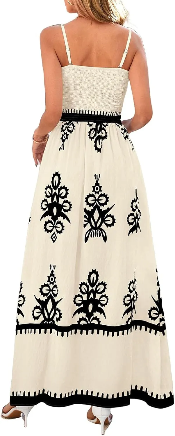 Floral Dress for Women 2025 Spaghetti Strap Smocked Tank Dress Tunic Boho Maxi Dresses Summer A Line Flowy Sundress