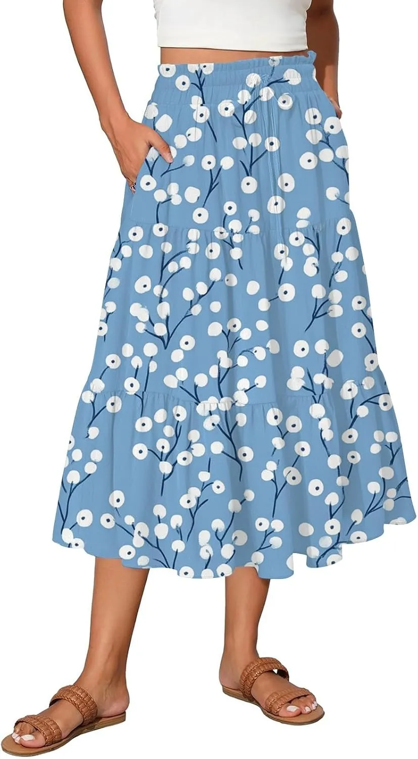 Floral Maxi Skirt for Women Summer Comfy Tiered Elastic High Waisted Skirts Vacation A-Line Flowy Swing Long Skirts