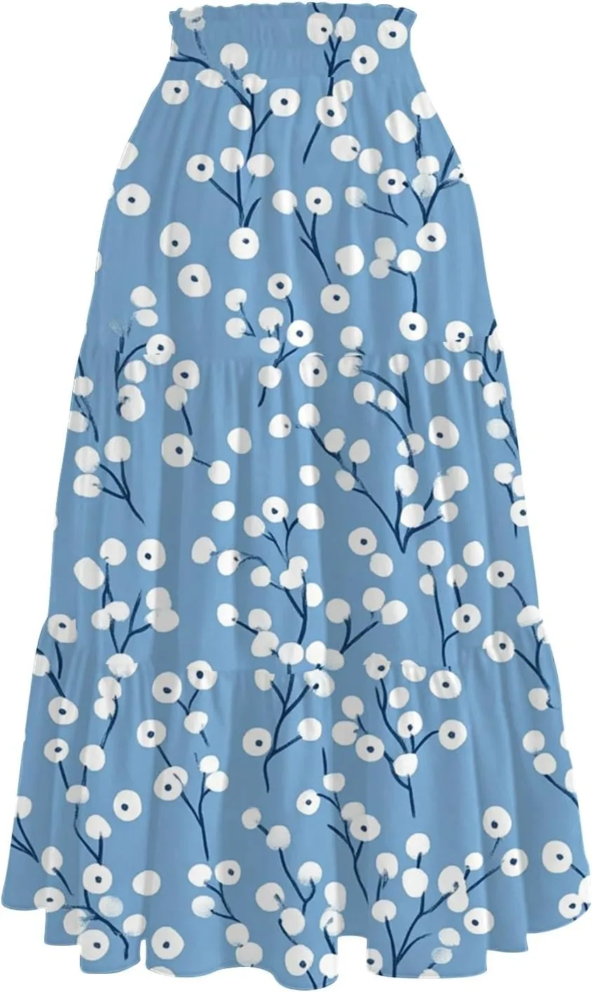 Floral Maxi Skirt for Women Summer Comfy Tiered Elastic High Waisted Skirts Vacation A-Line Flowy Swing Long Skirts