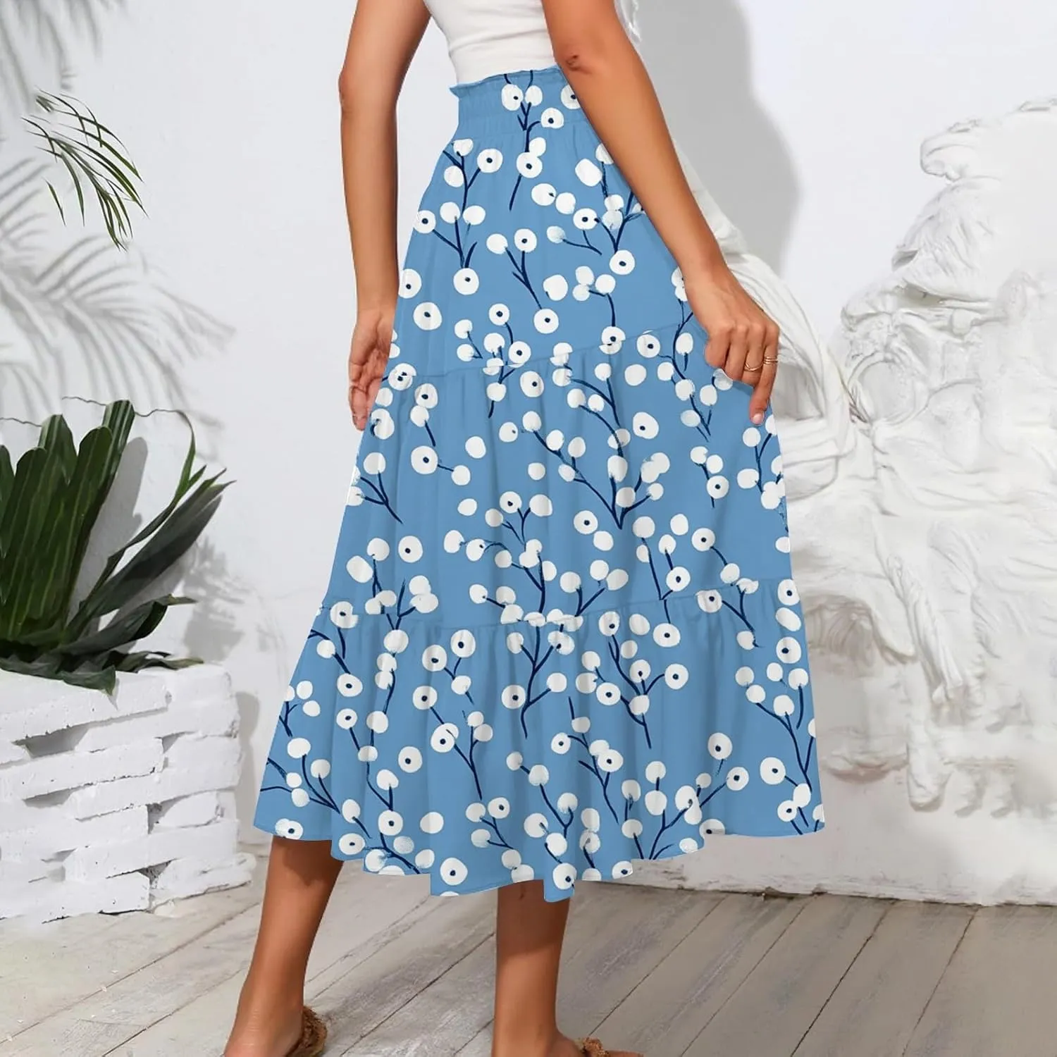 Floral Maxi Skirt for Women Summer Comfy Tiered Elastic High Waisted Skirts Vacation A-Line Flowy Swing Long Skirts