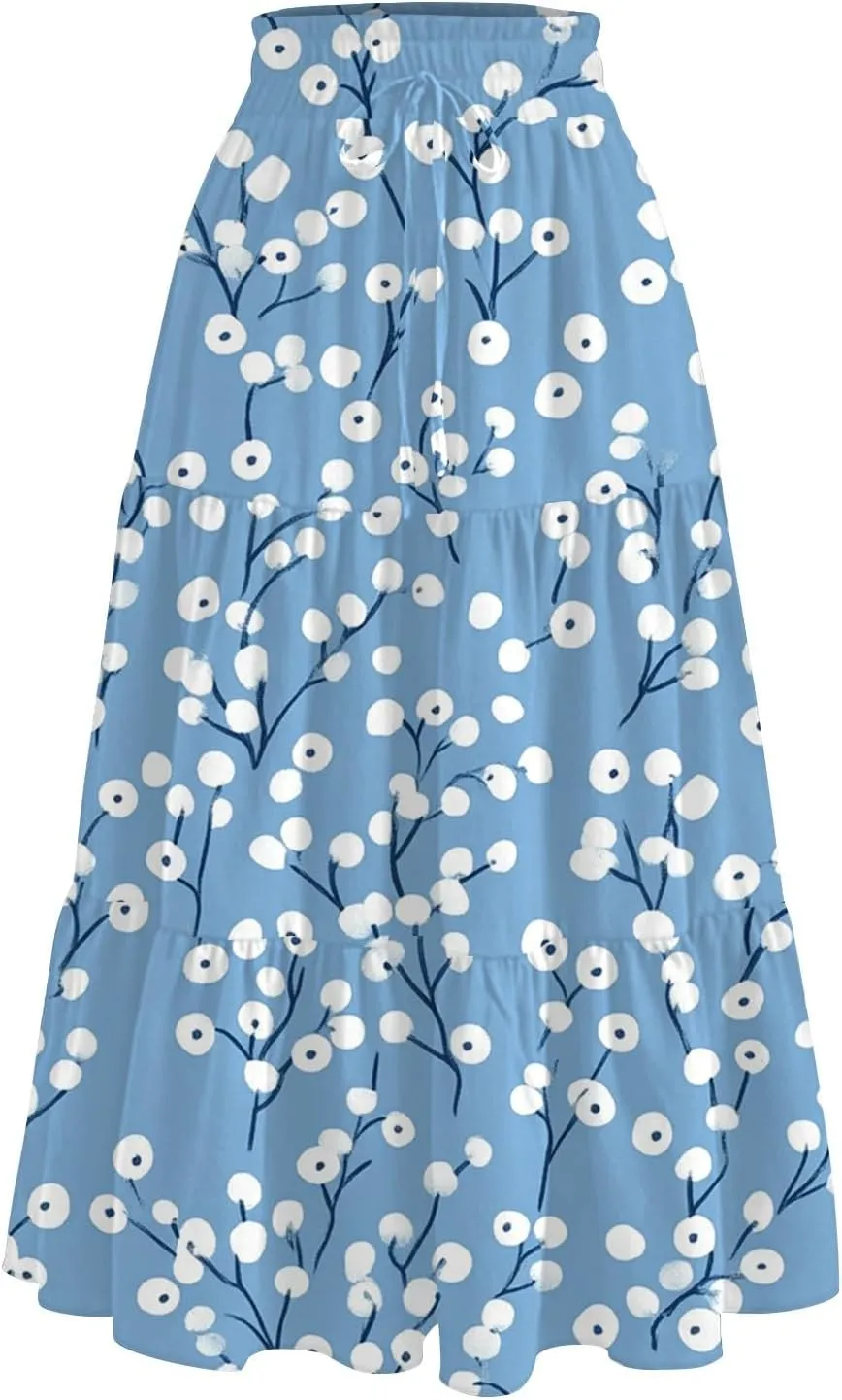 Floral Maxi Skirt for Women Summer Comfy Tiered Elastic High Waisted Skirts Vacation A-Line Flowy Swing Long Skirts
