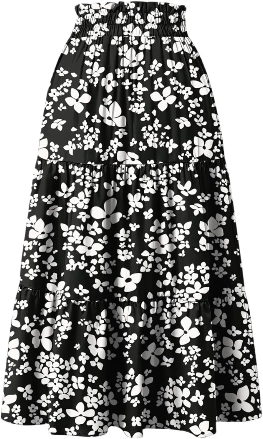Floral Midi Skirts for Women Summer Comfy Tiered Elastic High Waisted Skirts Vacation A Line Flowy Swing Maxi Skirt