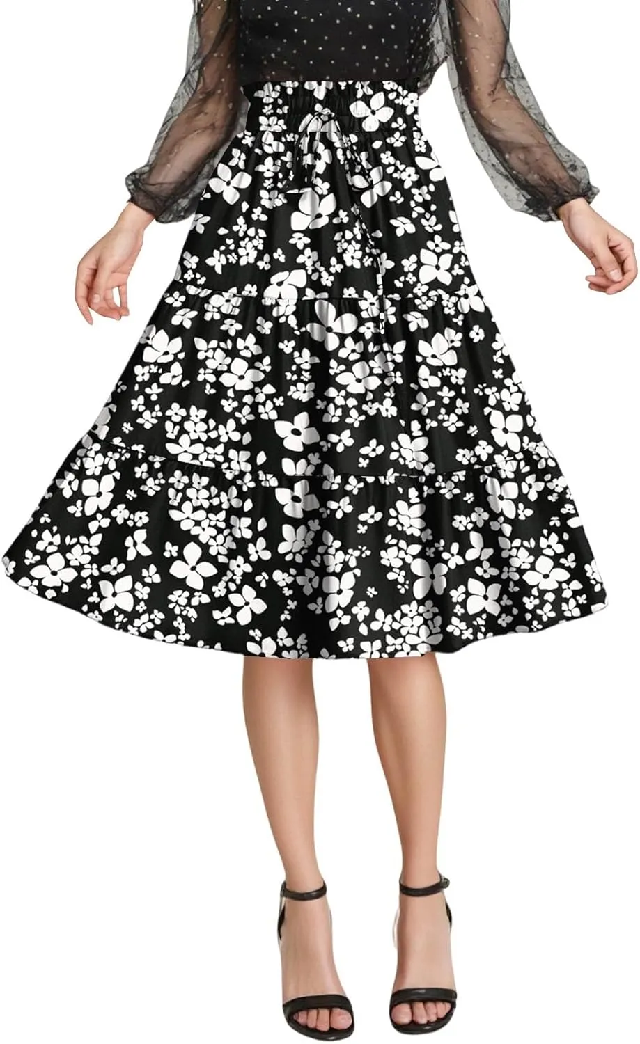 Floral Midi Skirts for Women Summer Comfy Tiered Elastic High Waisted Skirts Vacation A Line Flowy Swing Maxi Skirt